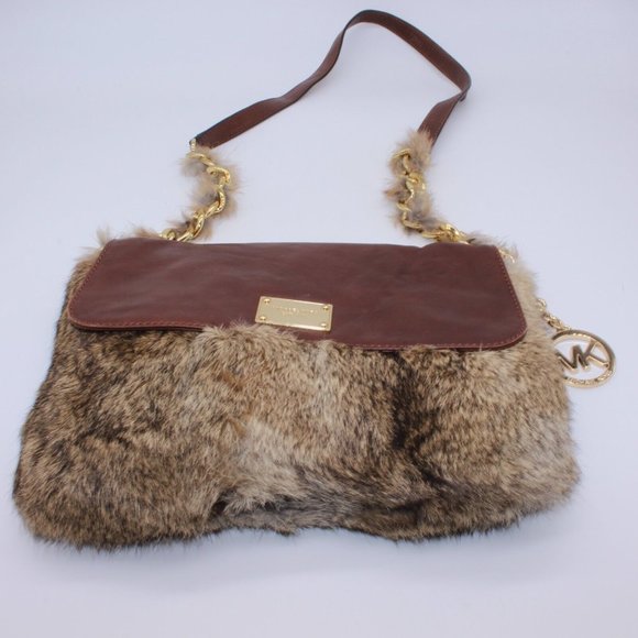 Michael Kors Shoulder Bag Purse Logo Satchel Brown Leather Rabbit Fur Messenger - Picture 2 of 12